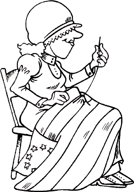 Betsy Ross sewing the American flag coloring page, 13 original states, stars and stripes, Fourth of July coloring page, 4th of July coloring page, Independence Day coloring page