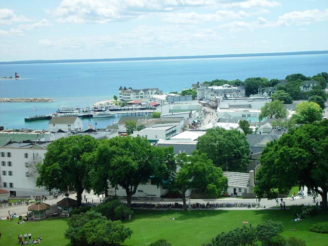 A view of Main Street from high above at Fort Mackinac