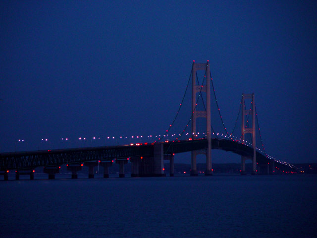 An image of the Mackinac Bridge at dusk as seen from St. Ignace
