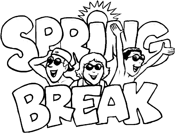 Spring Break Coloring Book Page, sunglases, hat, suntan lotion, beaches