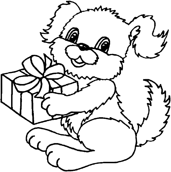 Color this cute puppy coloring page of a puppy with a present!