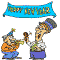 Happy New Year coloring page! Two senior citizes blow party horns to celebrate the New Year!