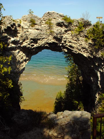 Arch Rock is a 100 foot climb along steep trails on the shores of Lake Huron