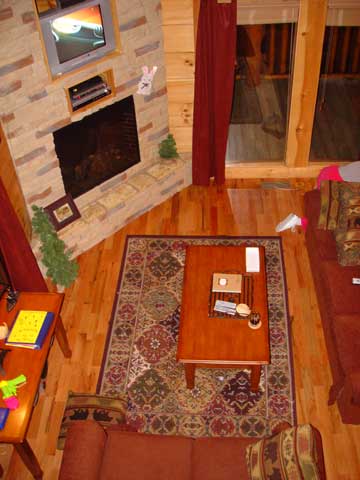 A view of the living room of our cabin as seen from the loft